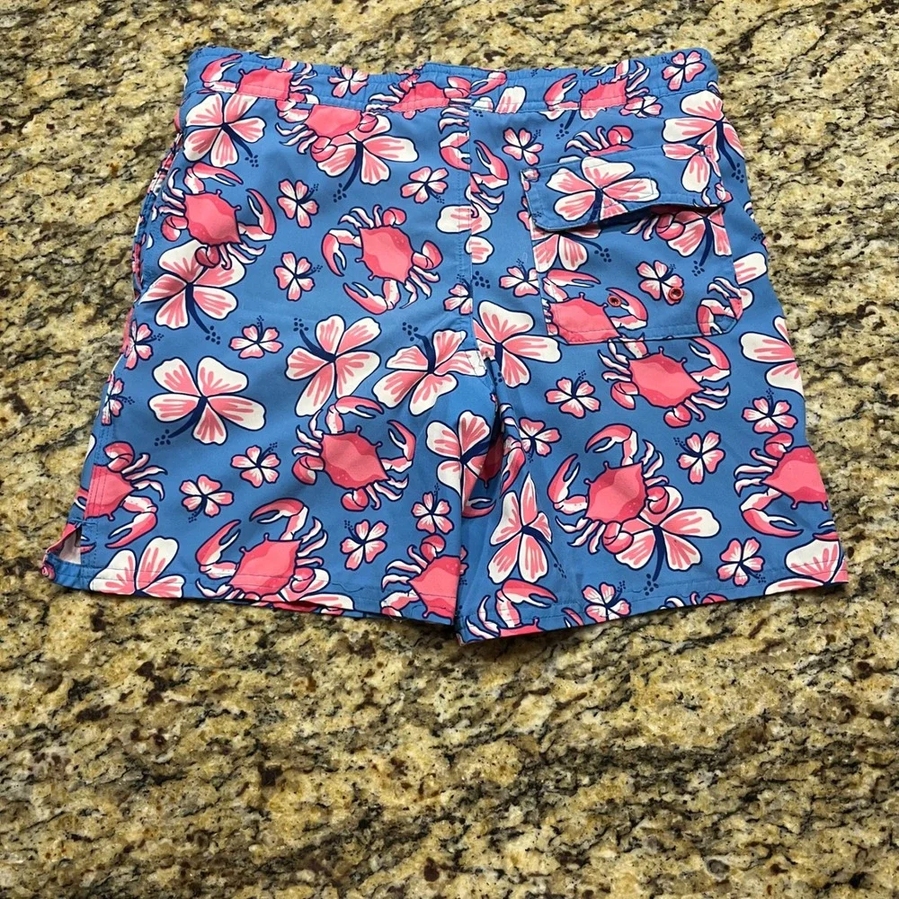 Vineyard Vines Mens Blue Pink Crab Hibiscus Floral Swim Trunks Board Shorts S